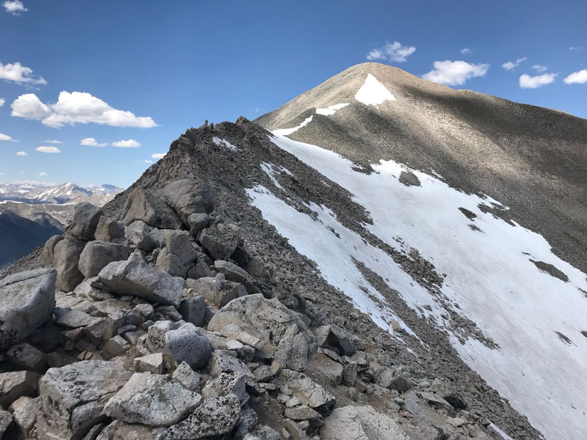 Summit ridge of Mount Antero, Colorado: a rocky ridgeline leading to the 14,269-foot peak with late-season snowfields